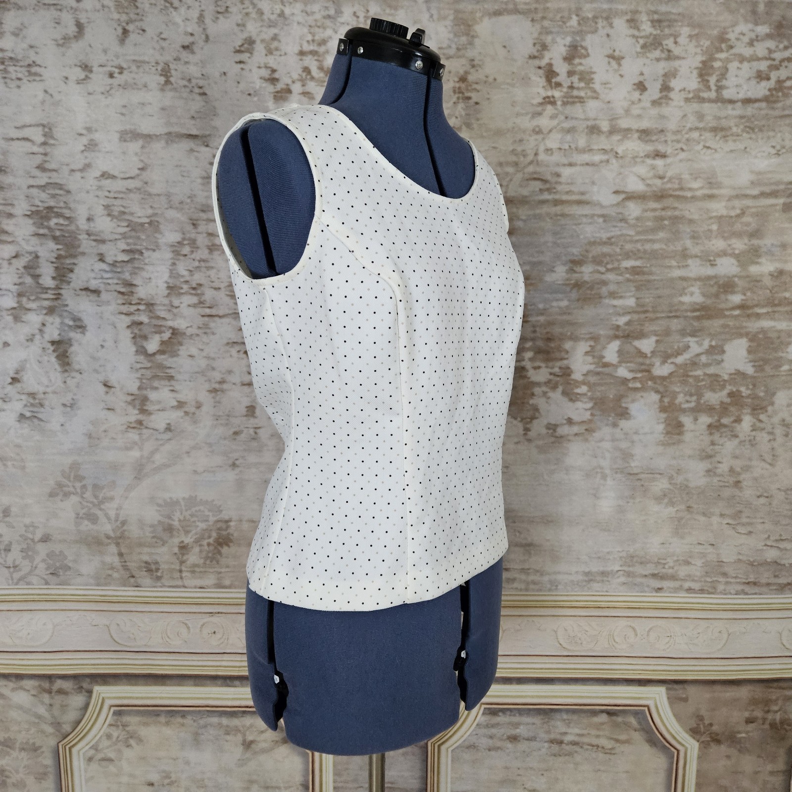 Vintage 90s Y2K Tank Top Medium Shell Beige Polka Dot Blouse Fitted 1990s 2000s