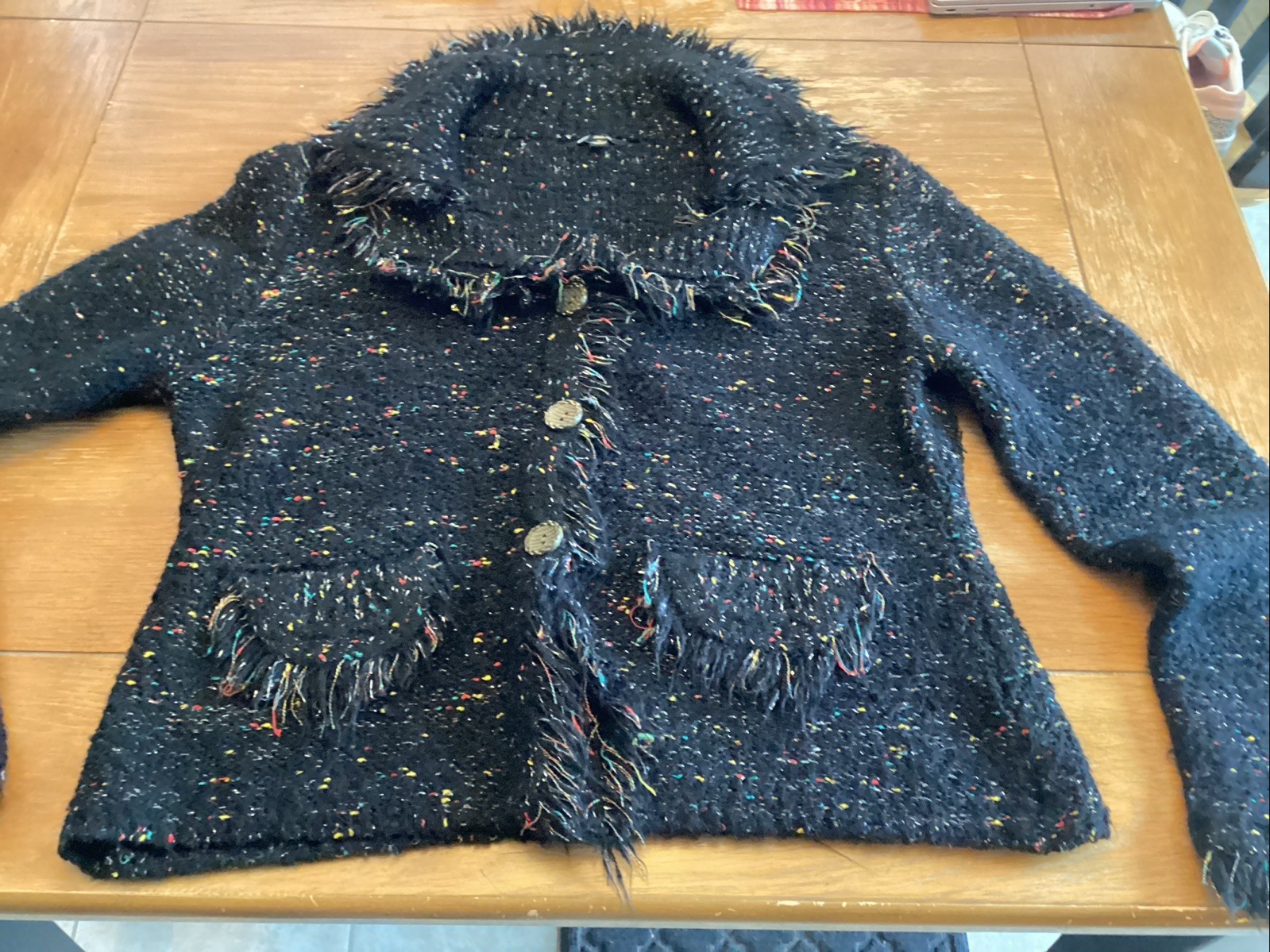 Milano Acrylic Fringe Trim Button Speckled Metallic Cardigan Size XL Black