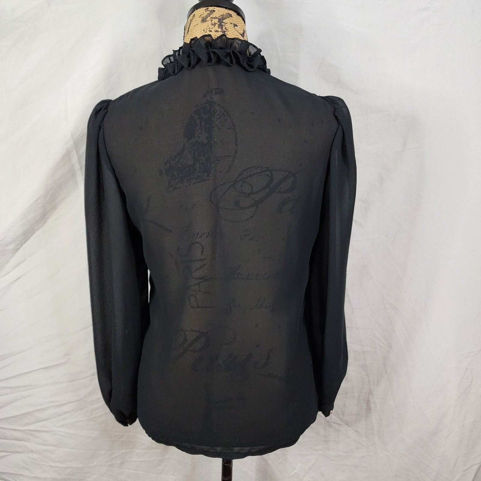 Vtg 70s JAMBOREE Size Small Couture Sheer Black Pearl Button Ruffle Neck Blouse