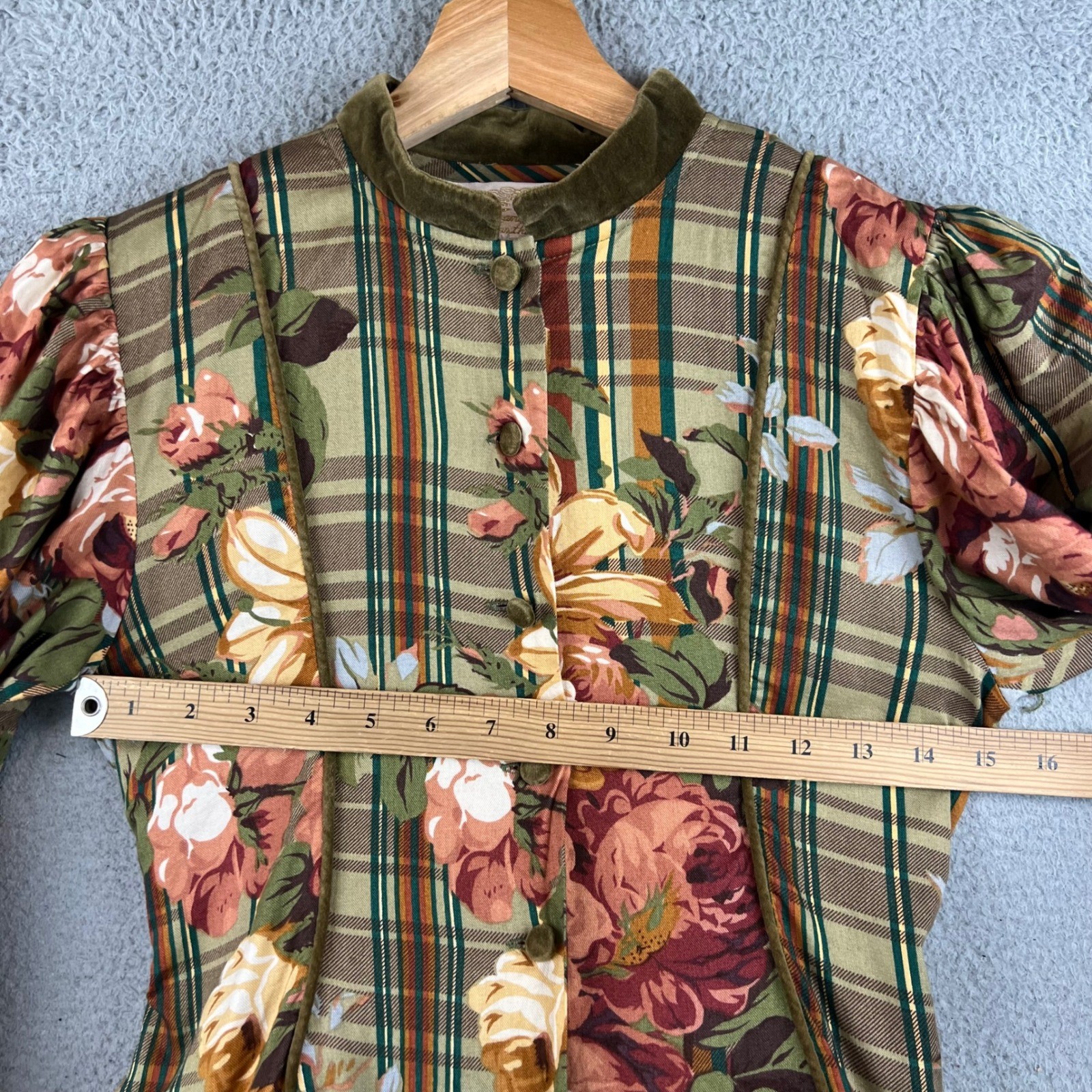 VTG Françoise Bouthillier Floral Plaid Dress Green Velvet Trim Midi Victorian