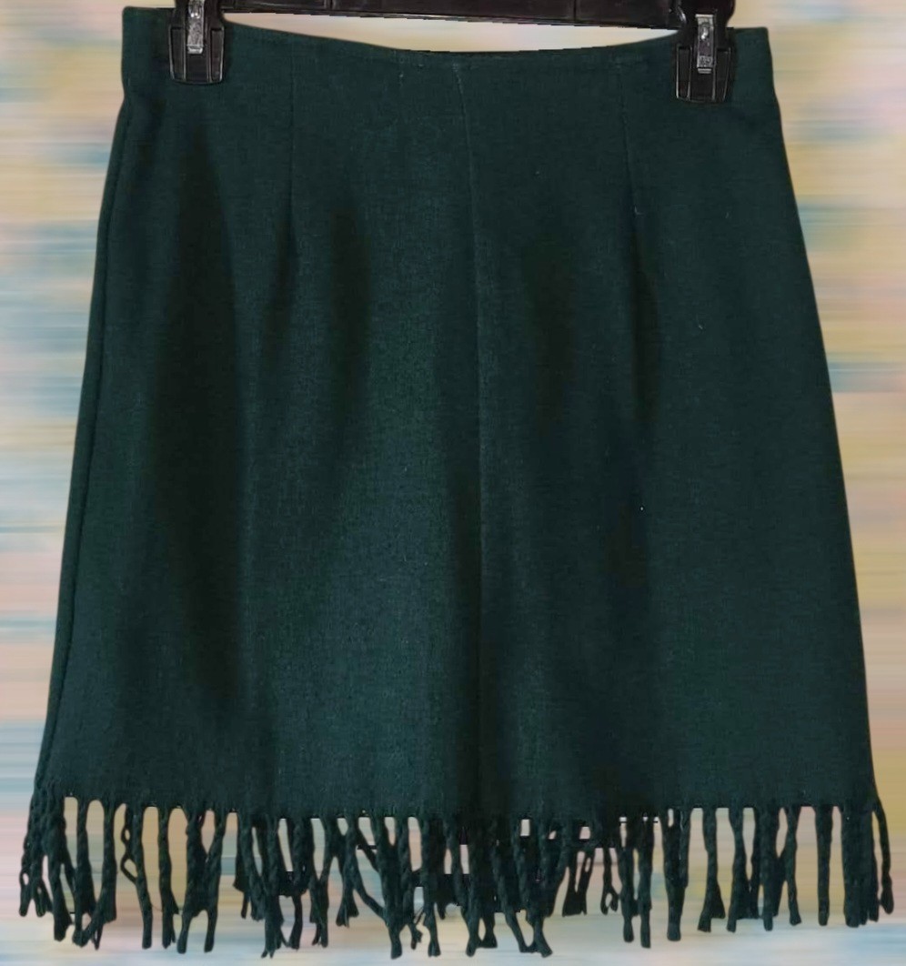 Vintage 1990s Forest Green Fringed Mini Skirt by Niki Lee California Excellent!