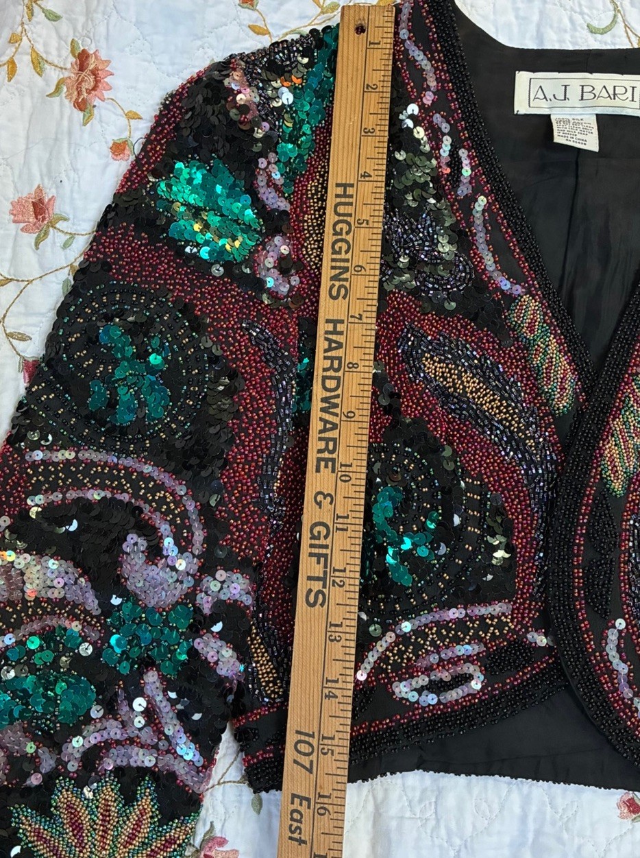 Vntg ‘80s A.J. Bari Silk Beaded Sequin Cropped Bolero Jacket S MFormal Cocktail