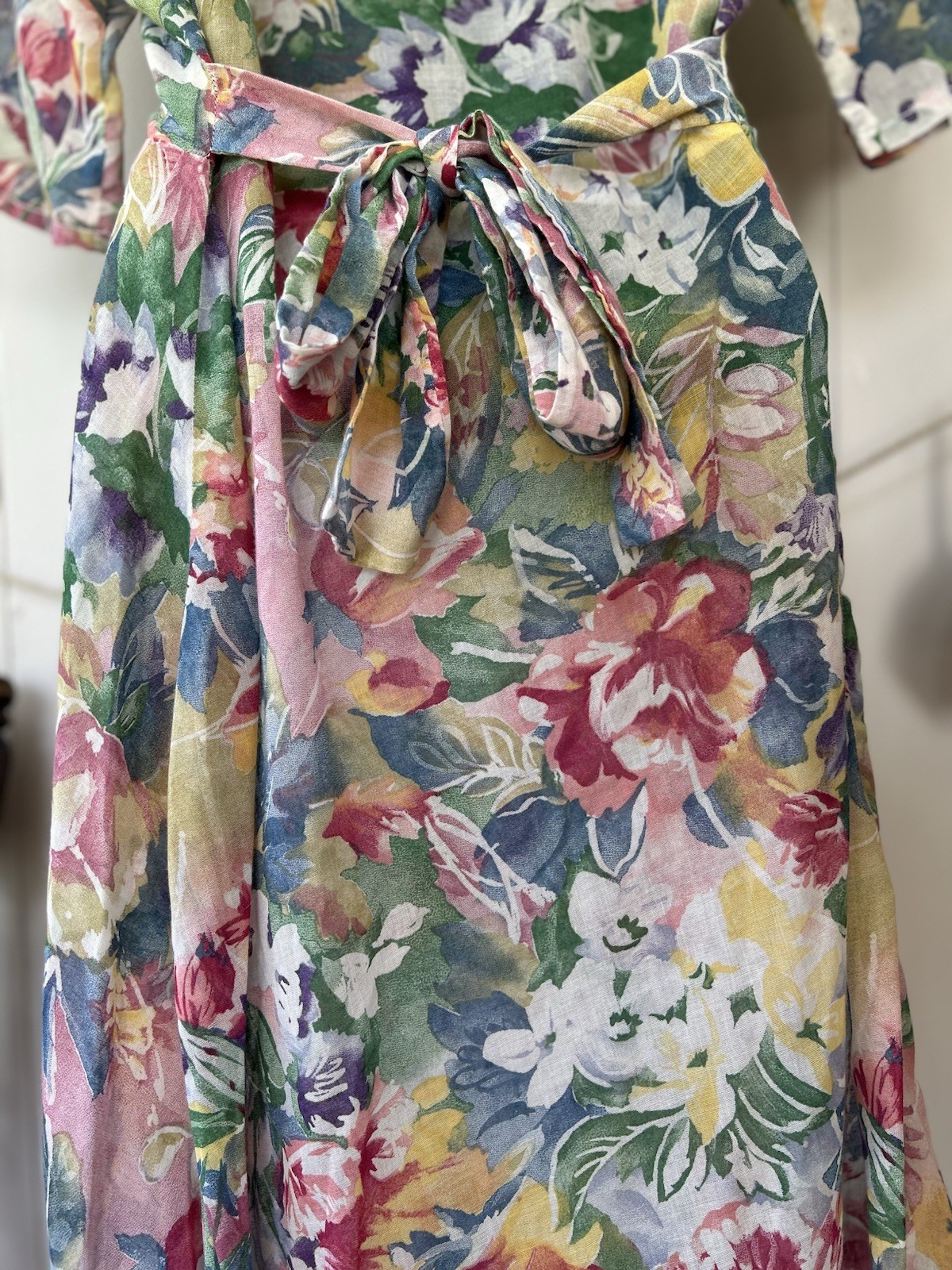 Vintage 90s Watercolor Floral Maxi Dress Sheer Chiffon Kimono Sleeve Boho M L