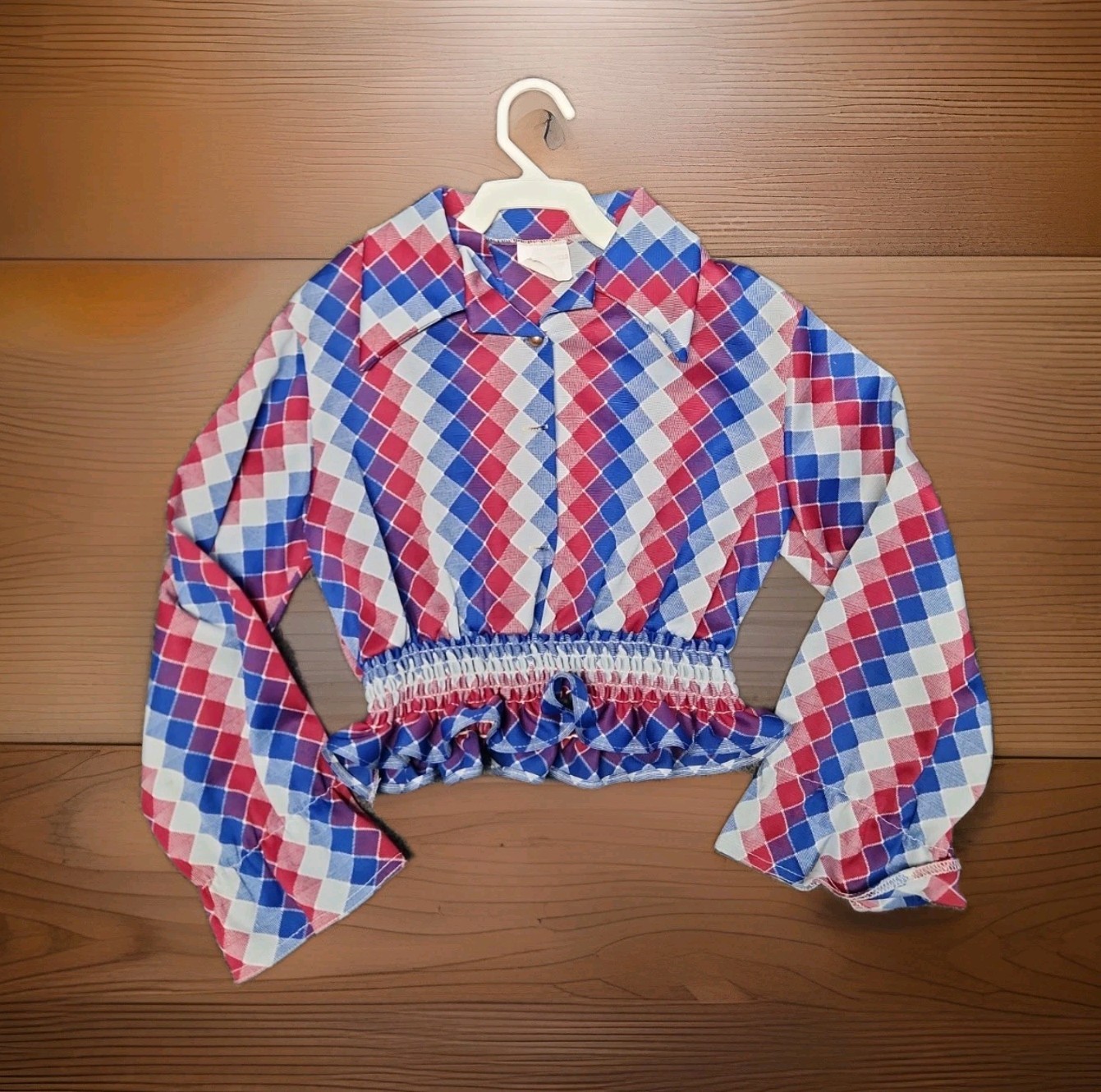 Vintage 1970’s Crop Top Long Sleeve Blouse Girls Shirt Red White Blue S7 Boho