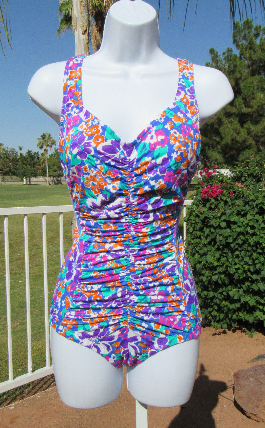 VINTAGE 1980s ROXANNE FLORAL SWIMSUIT SIZE 10 NYLON LYCRA 32 BUST LINED BUST