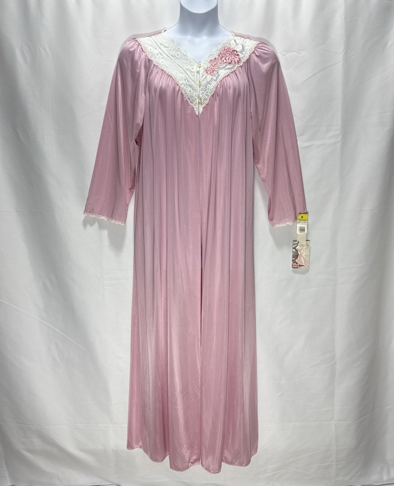 Vintage SHADOWLINE Mauve Pink Satin Lace Floral NWT Peignoir Long Robe USA
