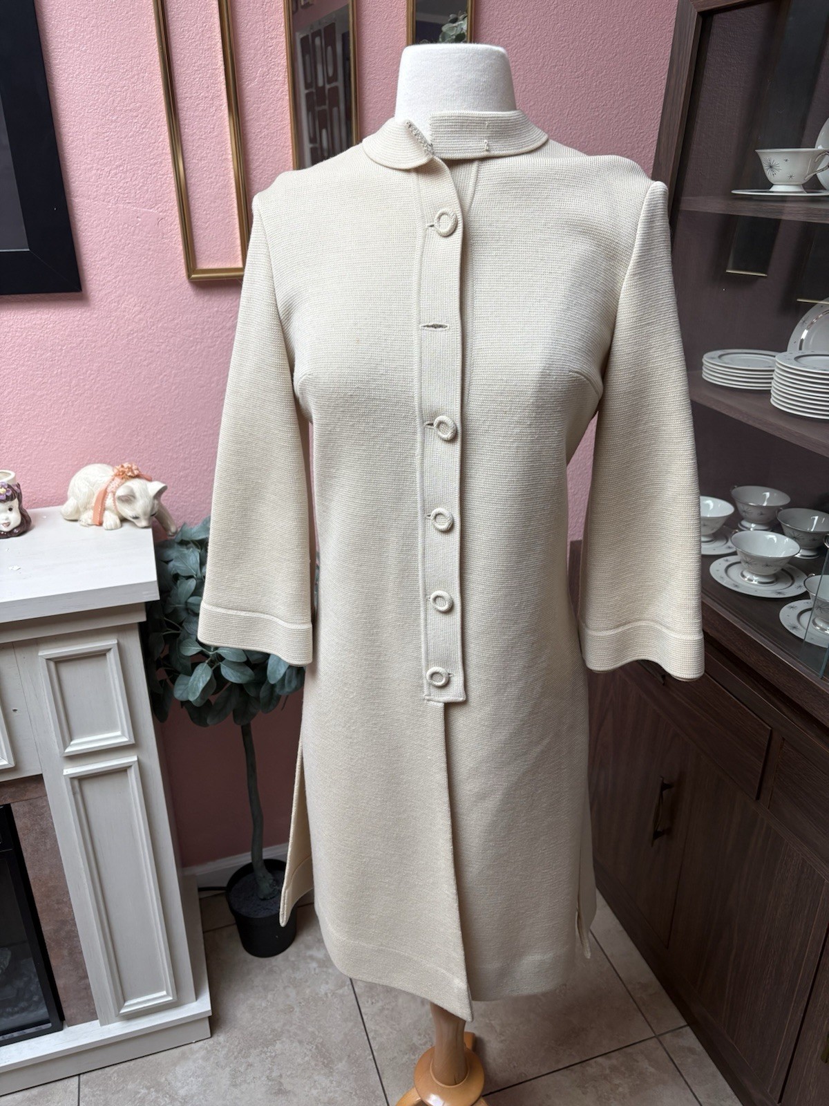 Vintage 1960s Cream Colored Poly Coat Dress by Cisa | Size M