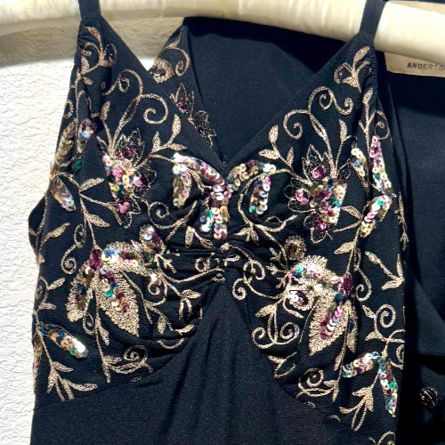 Eisenberg Maxi Dress Jacket Sequin Embroidered Rayon 2PC Formal Black 1940s Sz S