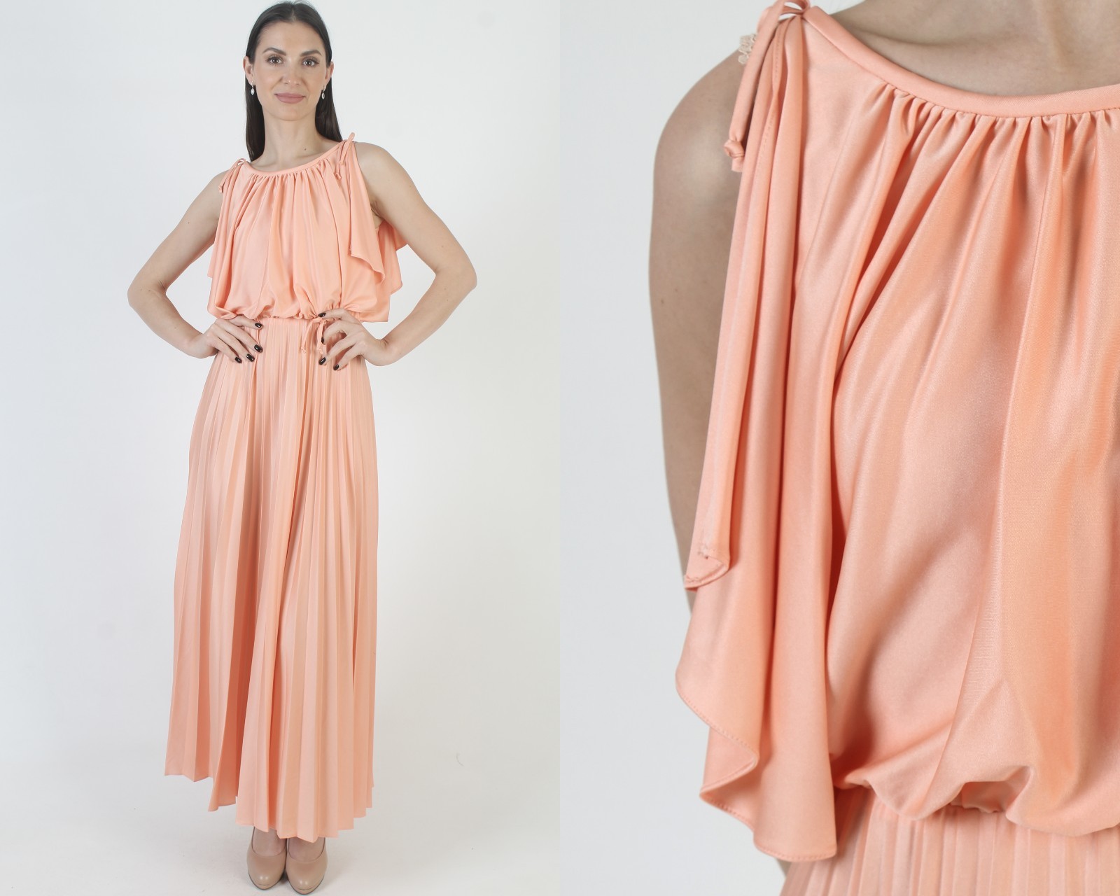 Vtg Peach Grecian Goddess Dress Split Slv Ancient Rome Toga Party Maxi Gown
