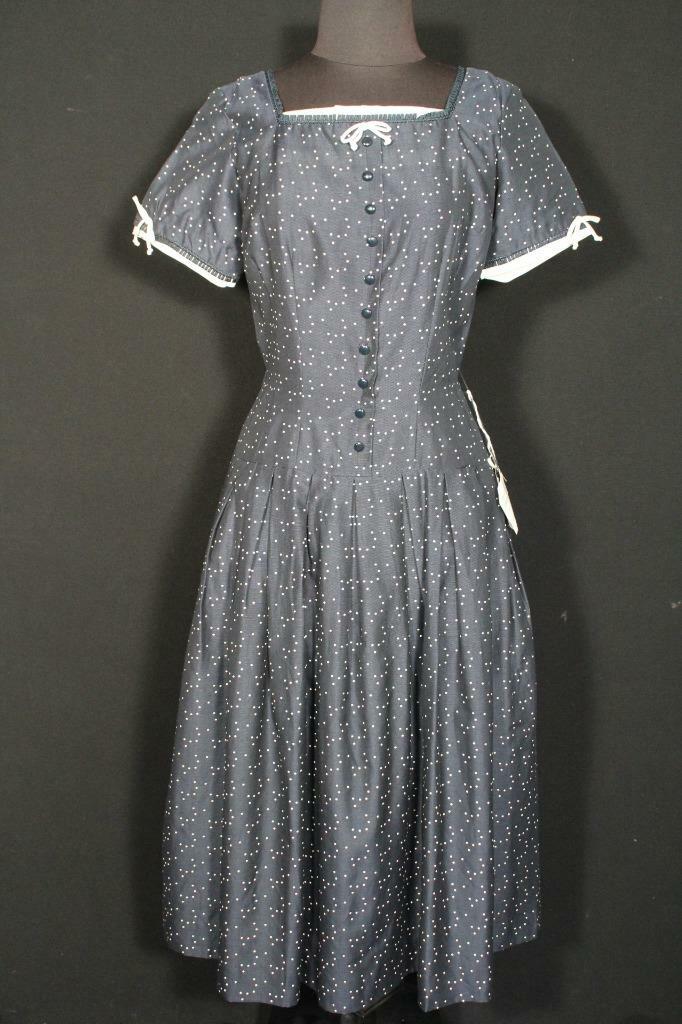 VINTAGE 1950&rsquo;S DEADSTOCK BLUE & WHITE SILK & COTTON POLKA DOT DRESS SIZE 6+