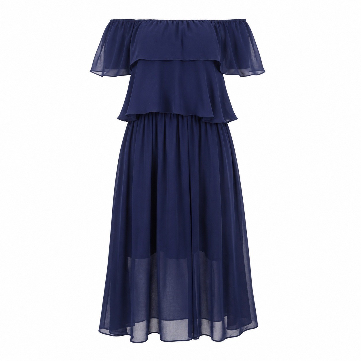 Vintage 1970s Suzanne&rsquo;s Navy Blue Chiffon Off Shoulder Ruffle Midi Dress Disco