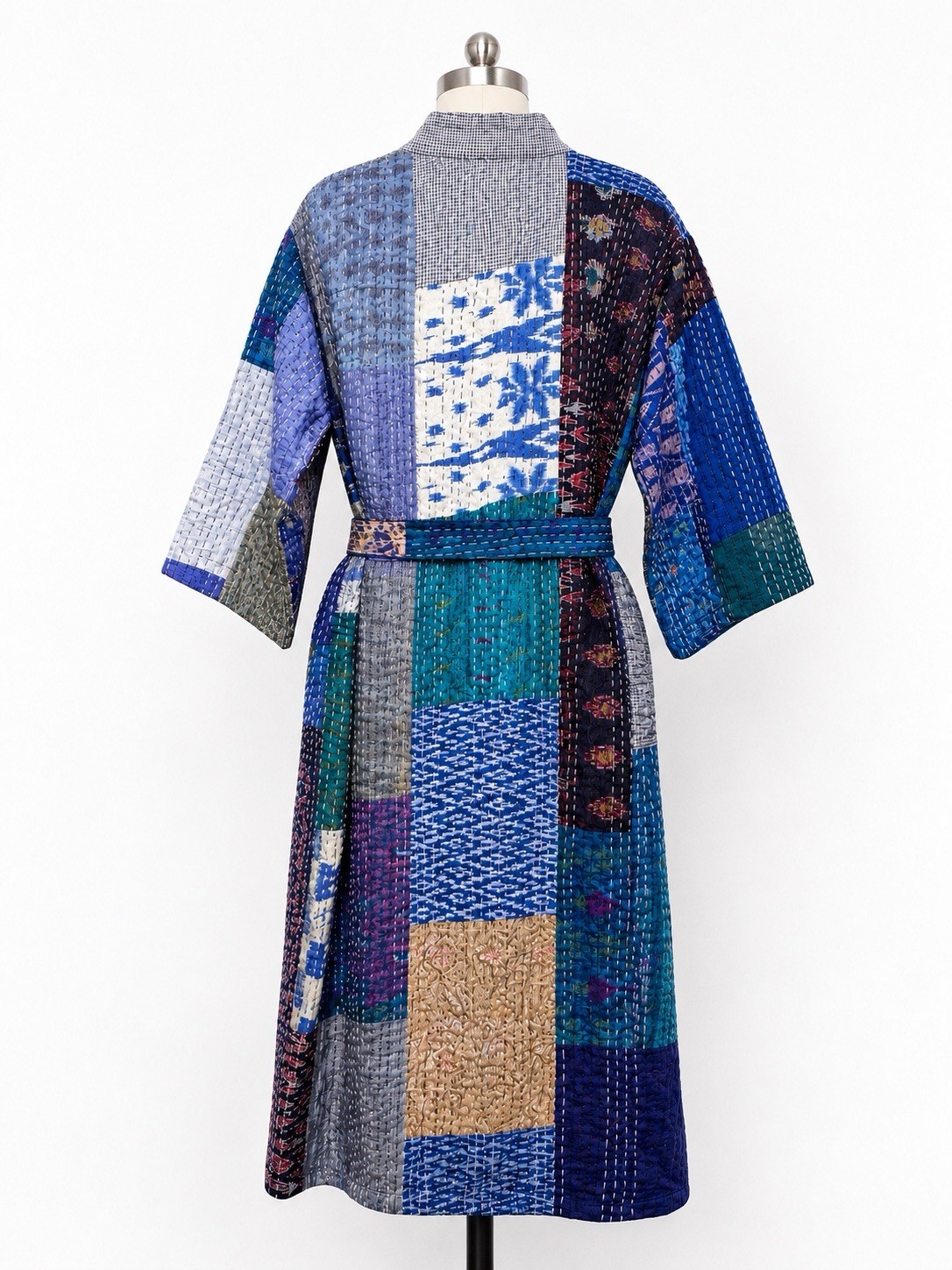 Vintage Silk Kantha Patchwork Robe Handmade Quilted Kimono Belted One Size