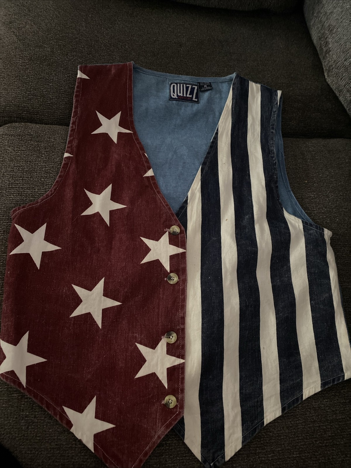 Vintage Quizz Woman Jeans Vest Size Medium Red, White Blue Stars Stripes America