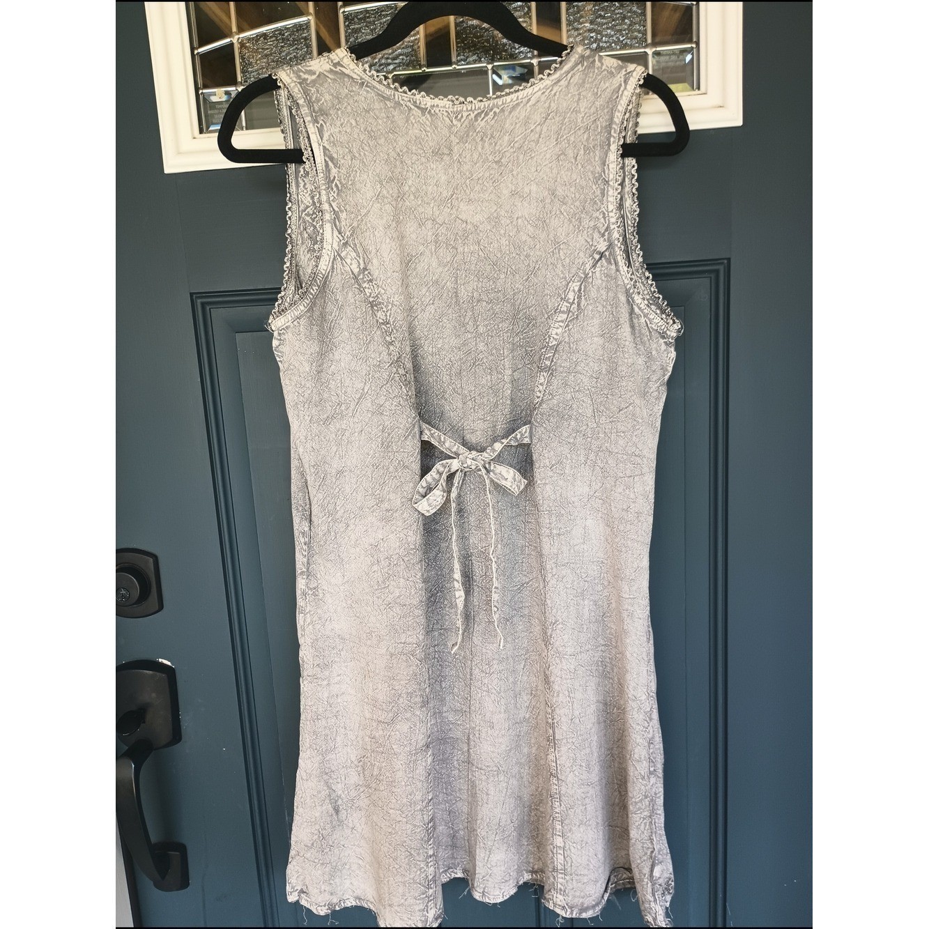 Embroidered Sleeveless Button-Front Lt Grey Dress Boho Hippie 70s Beach Size M
