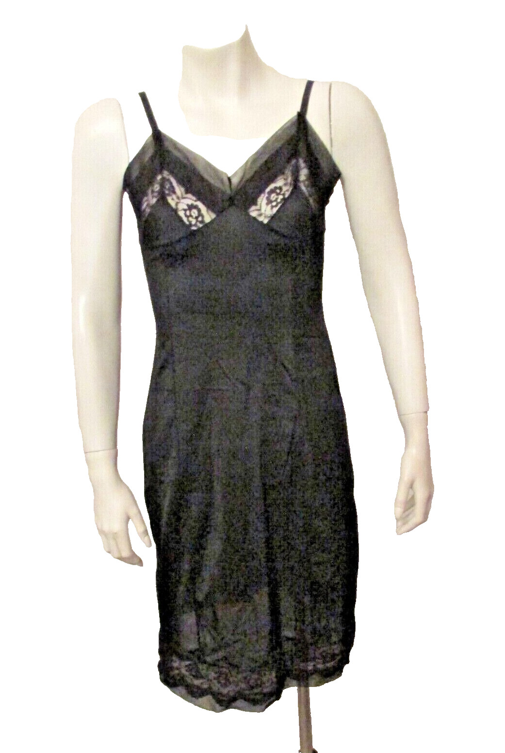 Semi-Sheer Black Silky Nylon Crispy Lace Bodice Hem Full Dress Slip 32 USA made