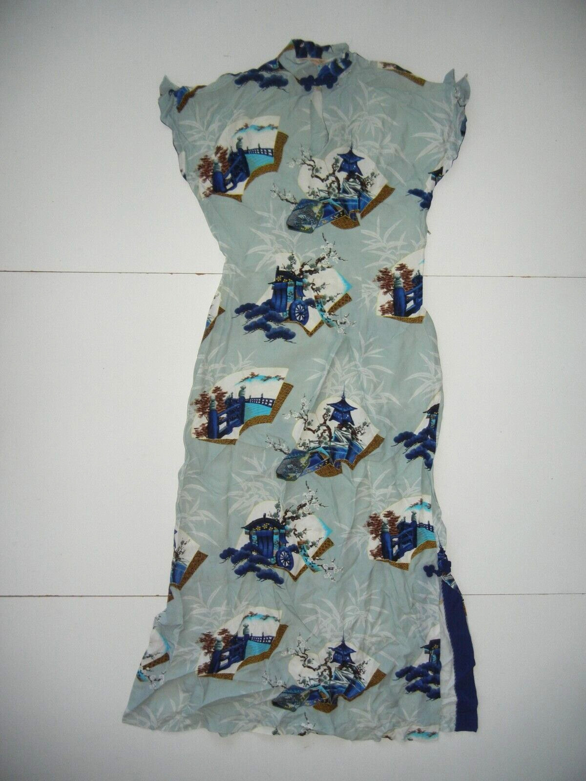Vtg 50s 60s SILVER OF HAWAII Gray/Blue MADE IN JAPAN DRESS Japanese Style Sz 14