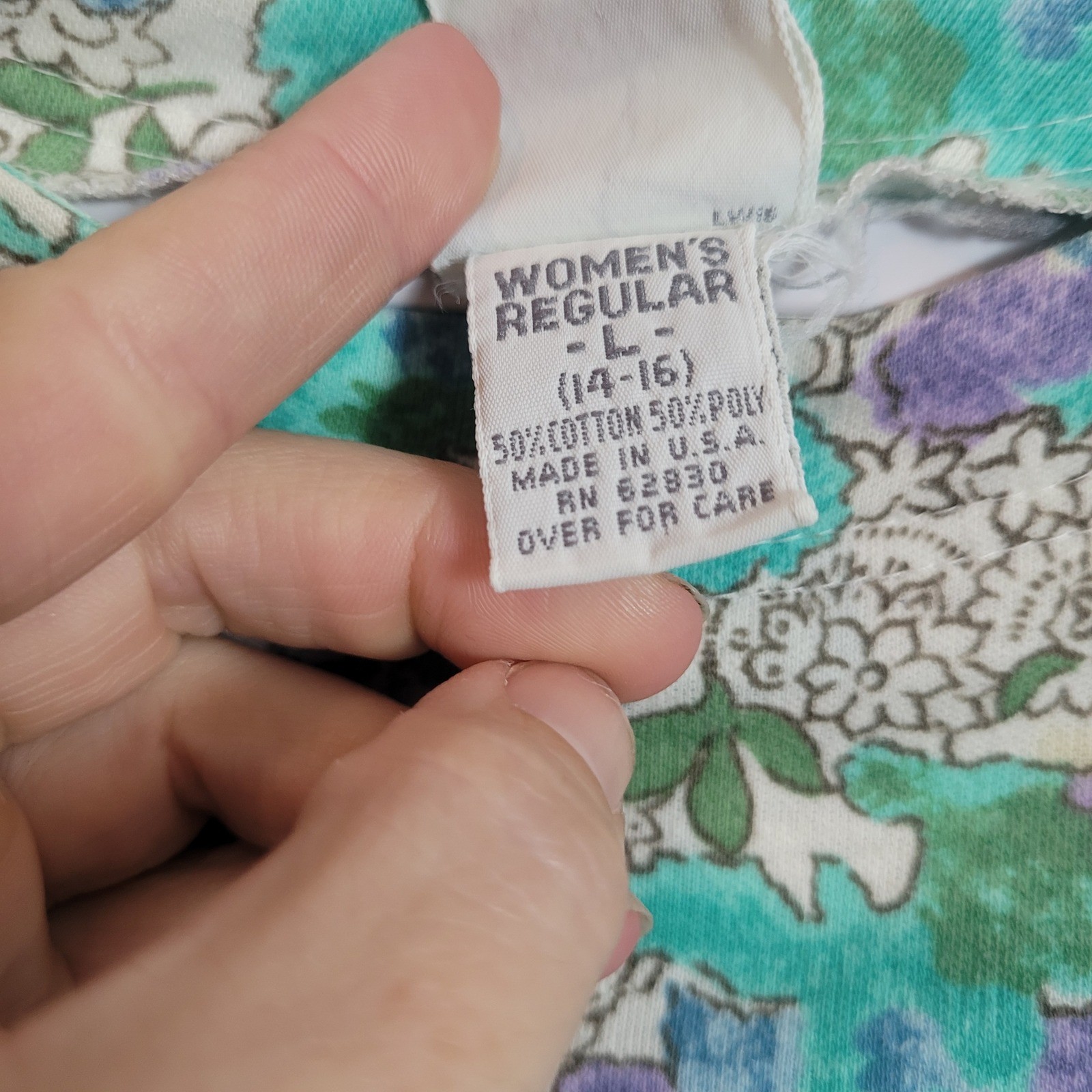 Vintage Lands End Floral Midi Dress Womens Large Teal Purple Cotton Blend USA