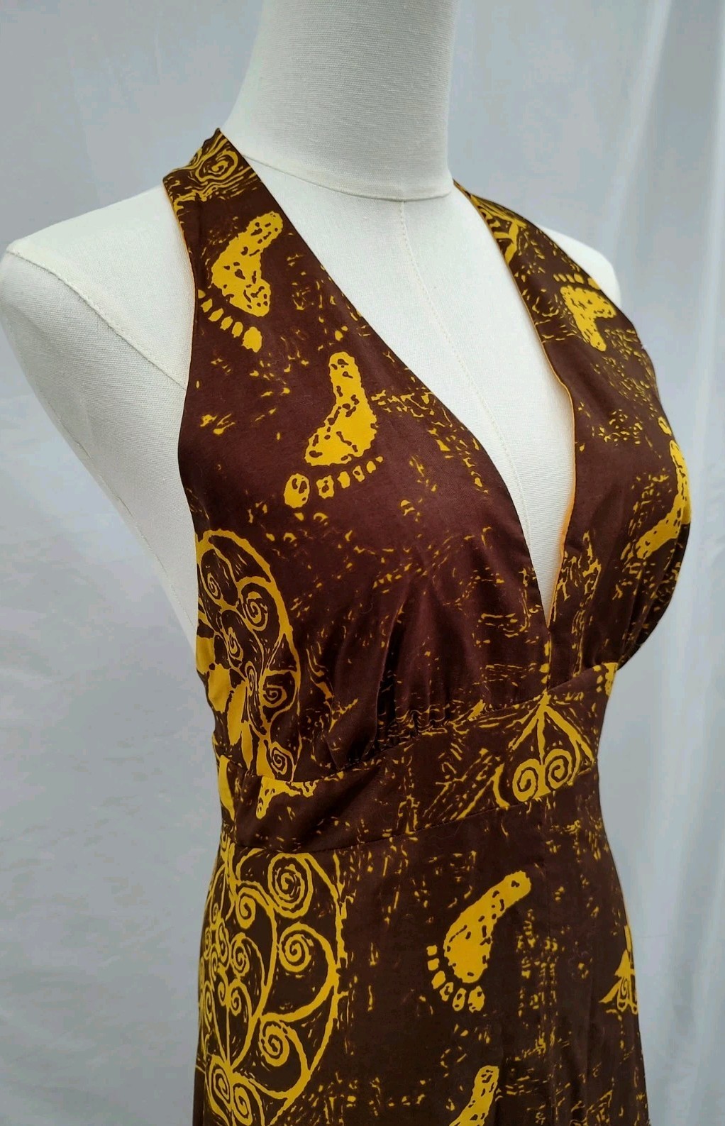 70&rsquo;s Vintage Hawaiian Dress Maxi Halter Tiki Barefoot Beach Print Brown Sz XS/S