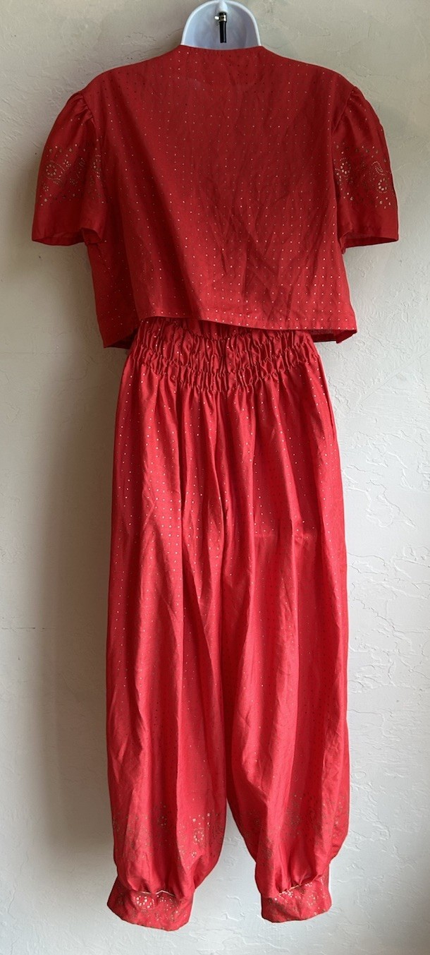 Vintage 1970s Strapless Jumpsuit Duster Set L Red Gold Harem Balloon Boho Disco