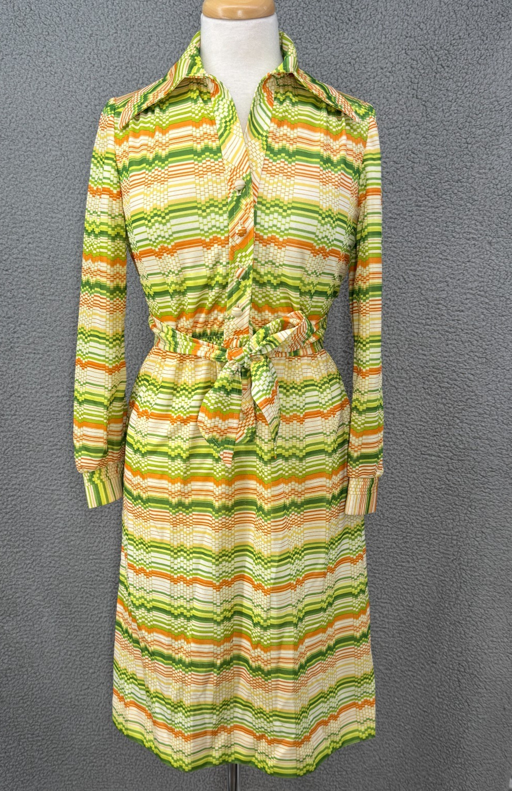 Vintage 70&rsquo;s Leslie Fay Collared Shirt Dress S Yellow Vibrant Stripe Career
