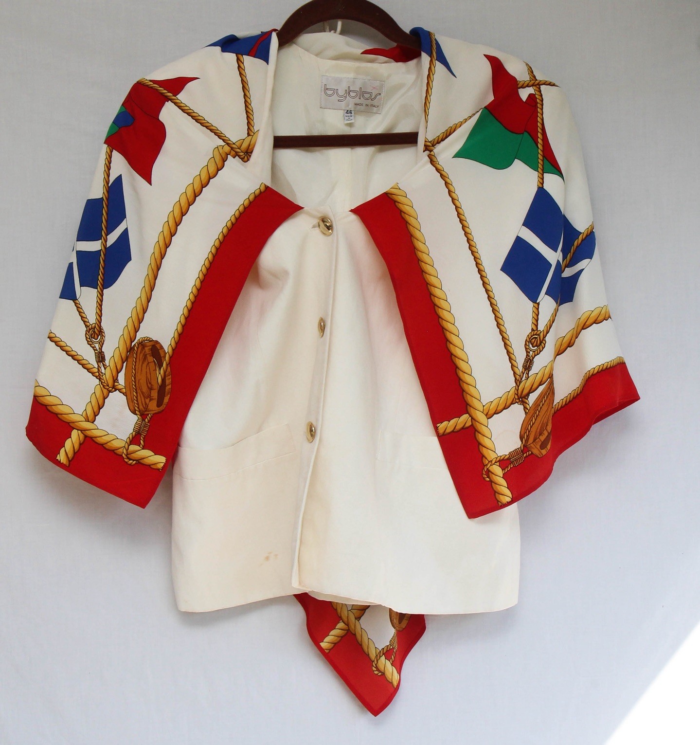 VTG 80’s BYBLOS White Linen Rayon Sailor Jacket With Attached Scarf 46 Italy