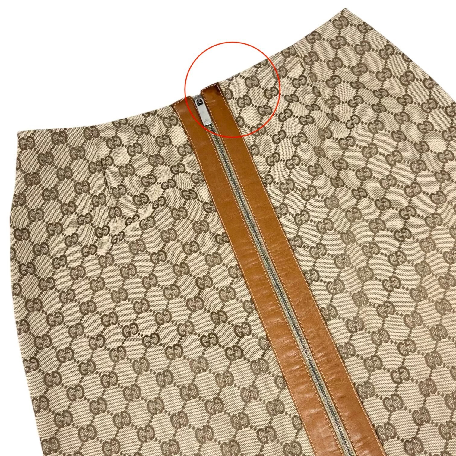 GUCCI Vintage GG Monogram Zip Knee Length Skirt #38 Beige Canvas Leather 902232