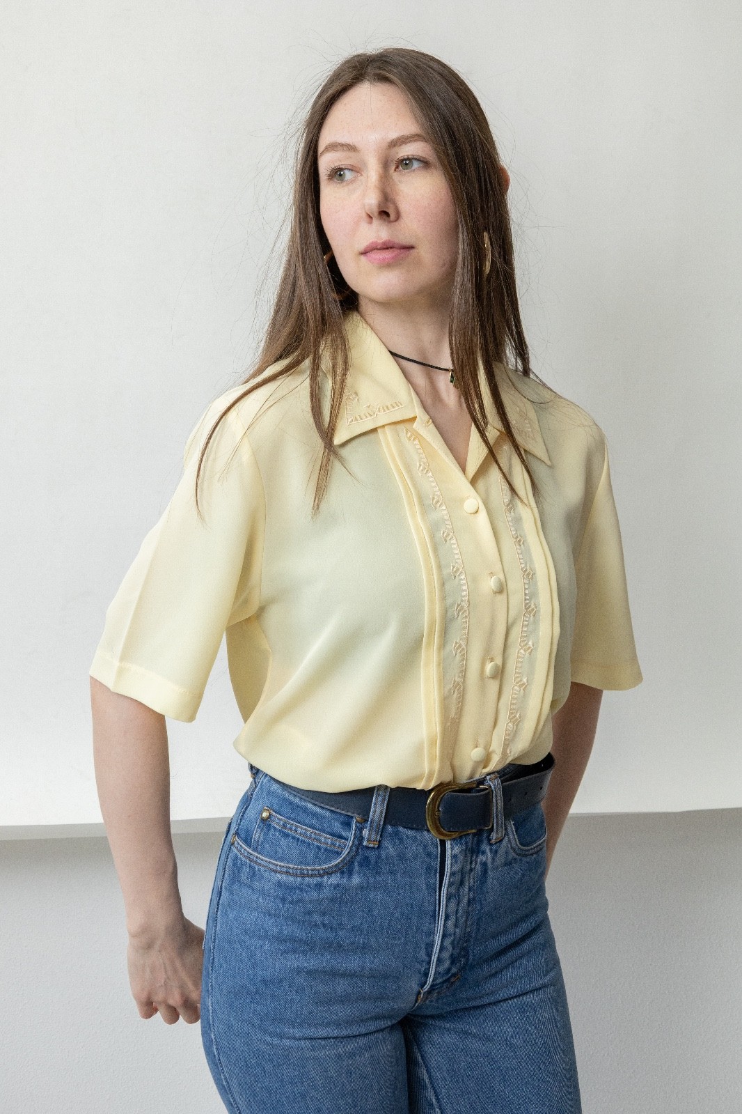 Vintage 90s Pale Yellow Embroidered Blouse Tonal Floral Coquette French Girl M