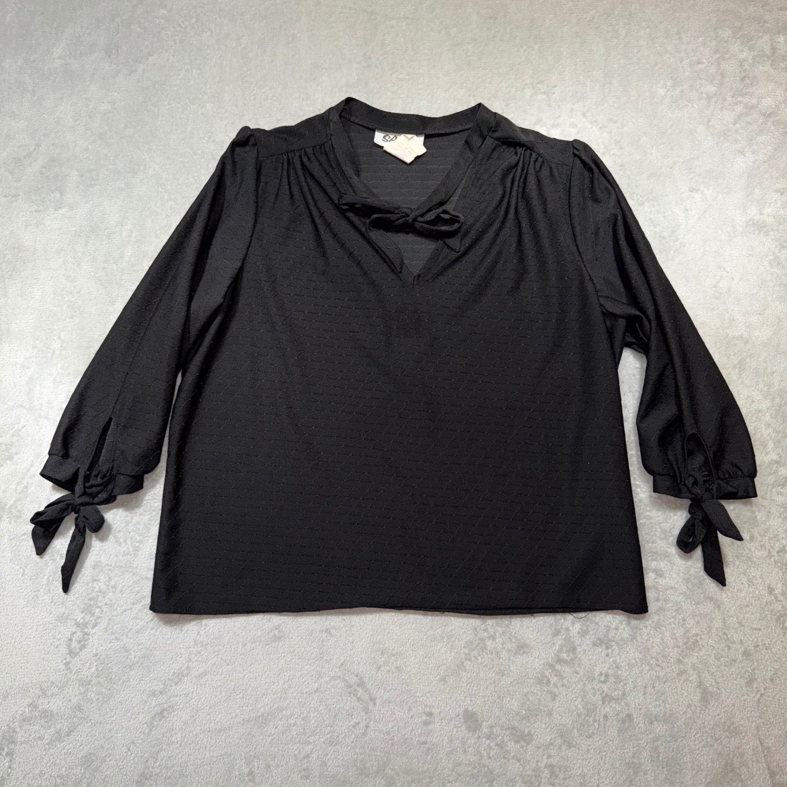 Vintage Black Tie Neck Blouse 80s Sauci California Pointelle Long Sleeve Top L