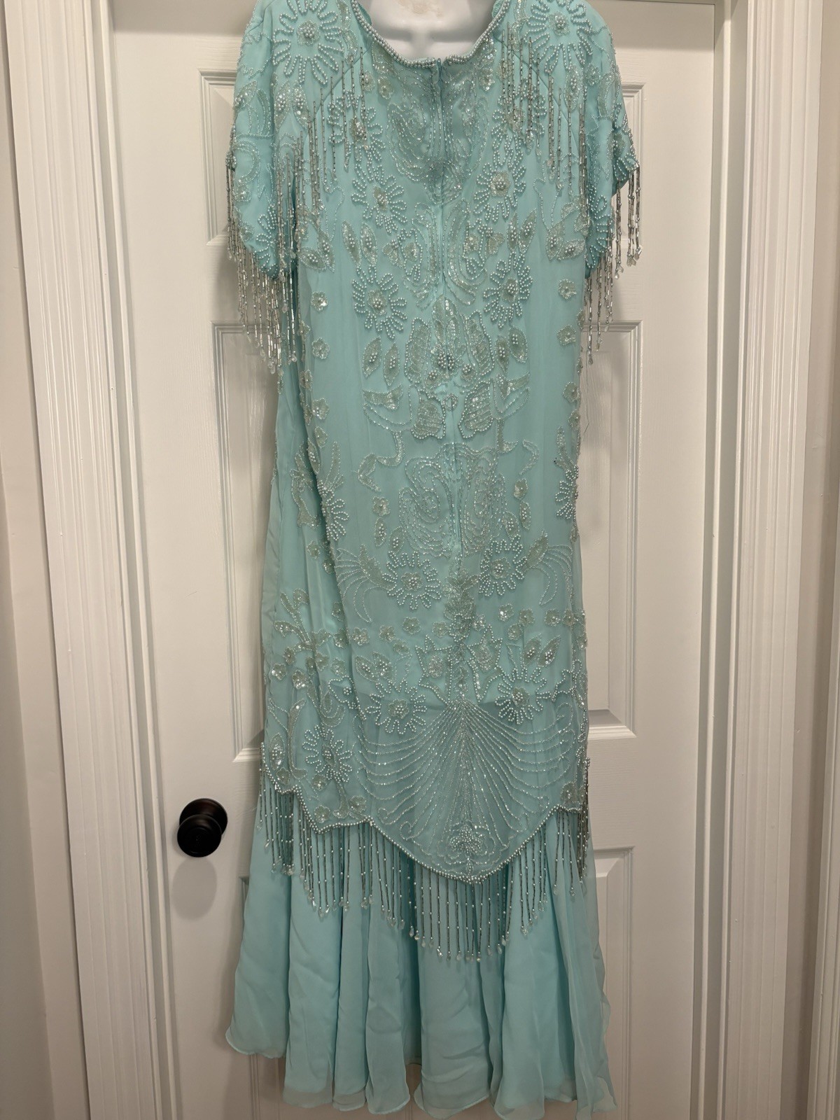 Jack Bryan Vintage Teal Beaded Chiffon Dress 18 Art Deco Gatsby Evening Flapper