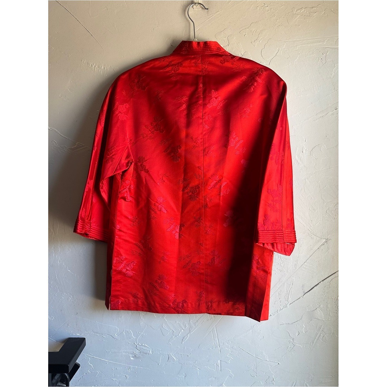 Vintage Red Mandarin Frog Closure Satin Jacquard Jacket Chinese Brocade Artwear