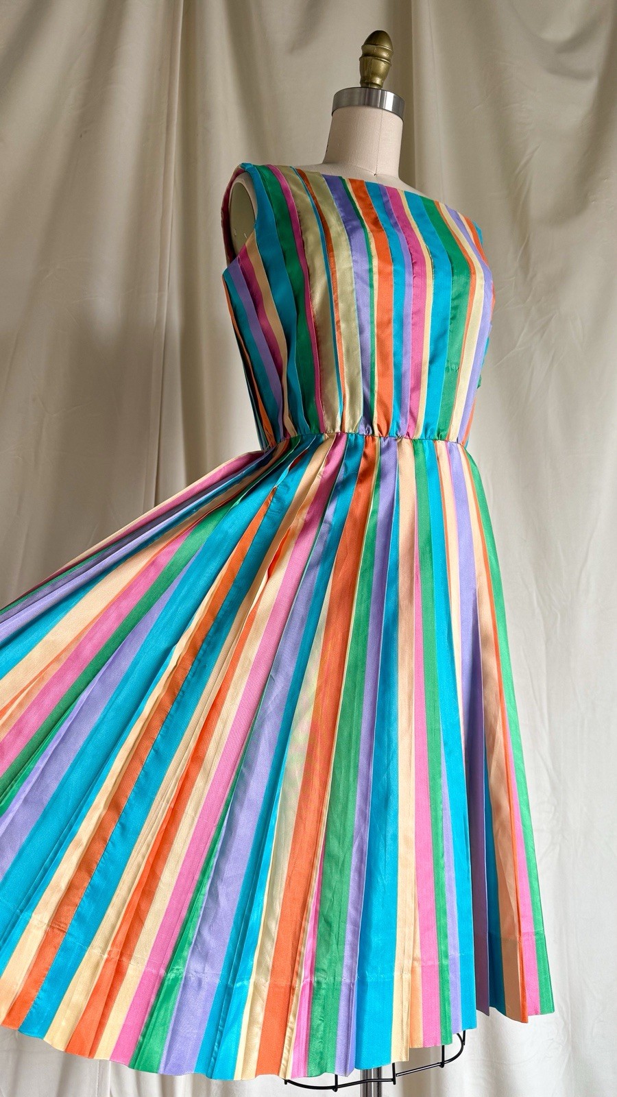 Vintage 1950’s 1960’s Rainbow Silky Pleated Sleeveless Dress Robbie Reid