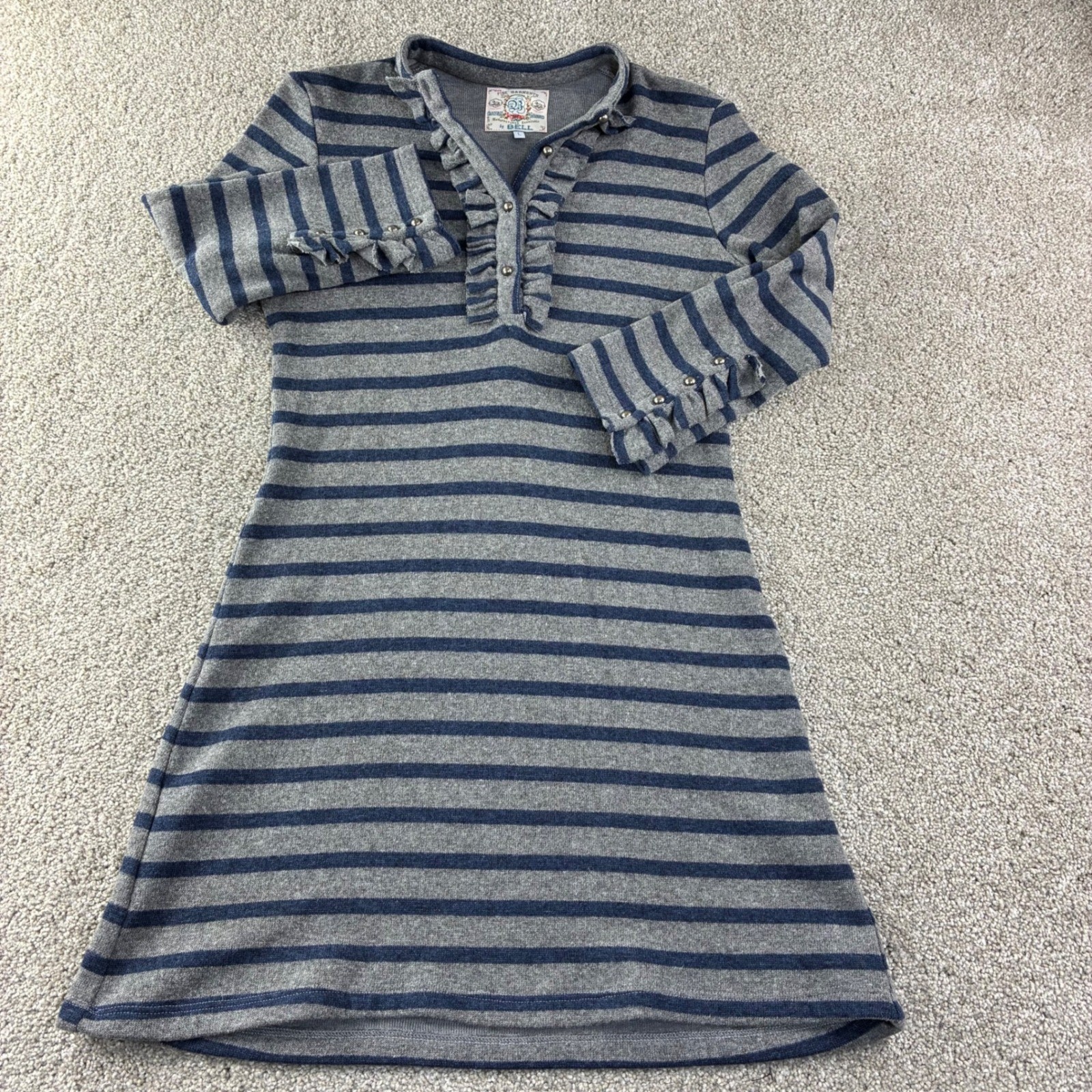 Fine Garments by Bell Wool Blend Striped Dress L Blue Striped Ruffle Neck A Line