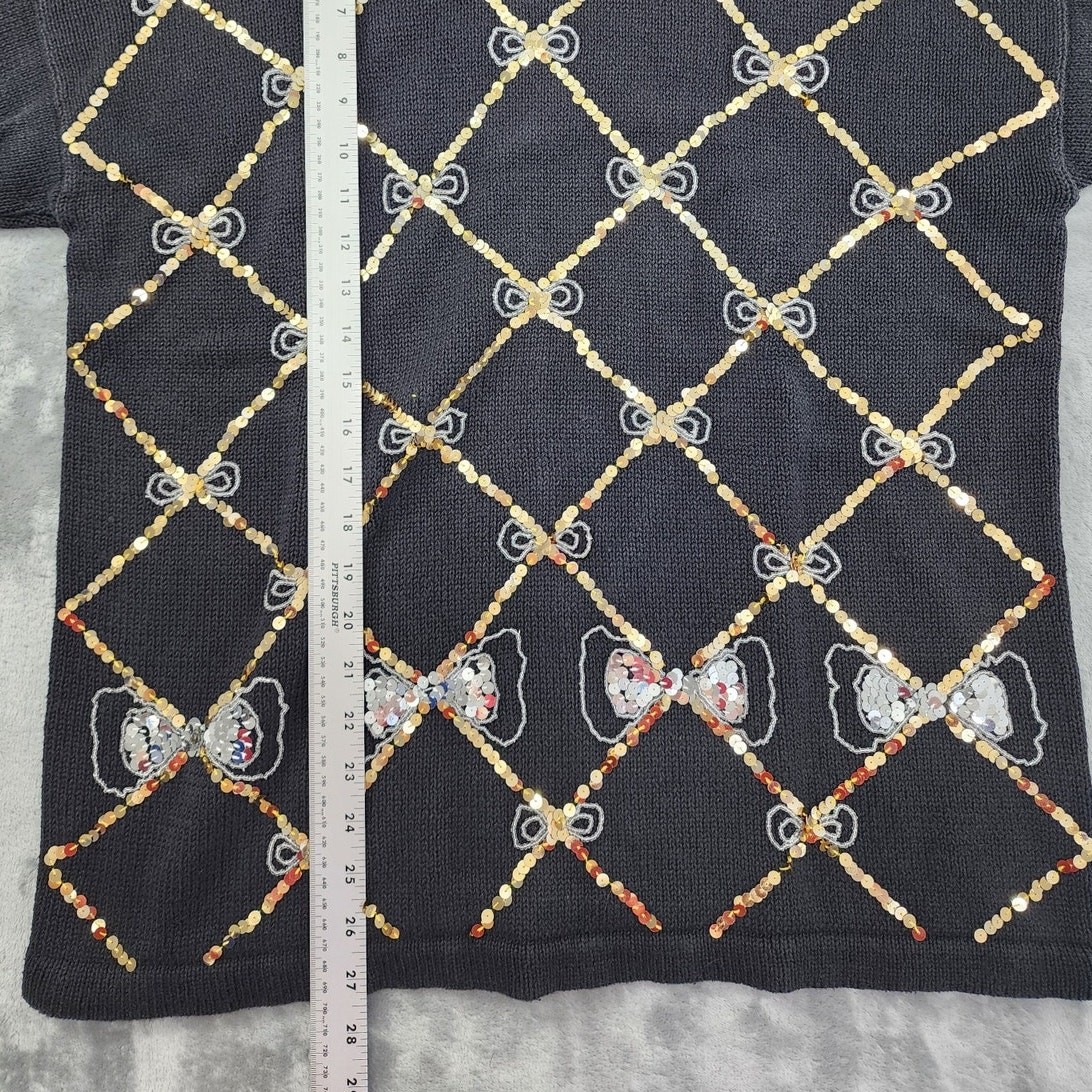 Vintage Work in Progress Sweater Womens L Black Gold Beaded Sequins Diamond Bows
