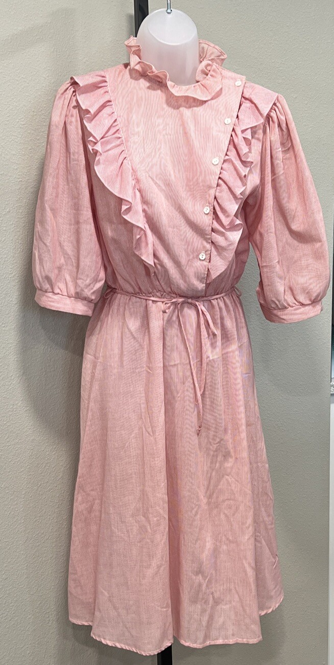 Vtg Byer Too! Pioneer Dress Ruffle Size 11, L 80’s Red/White Micro Pin Stripe