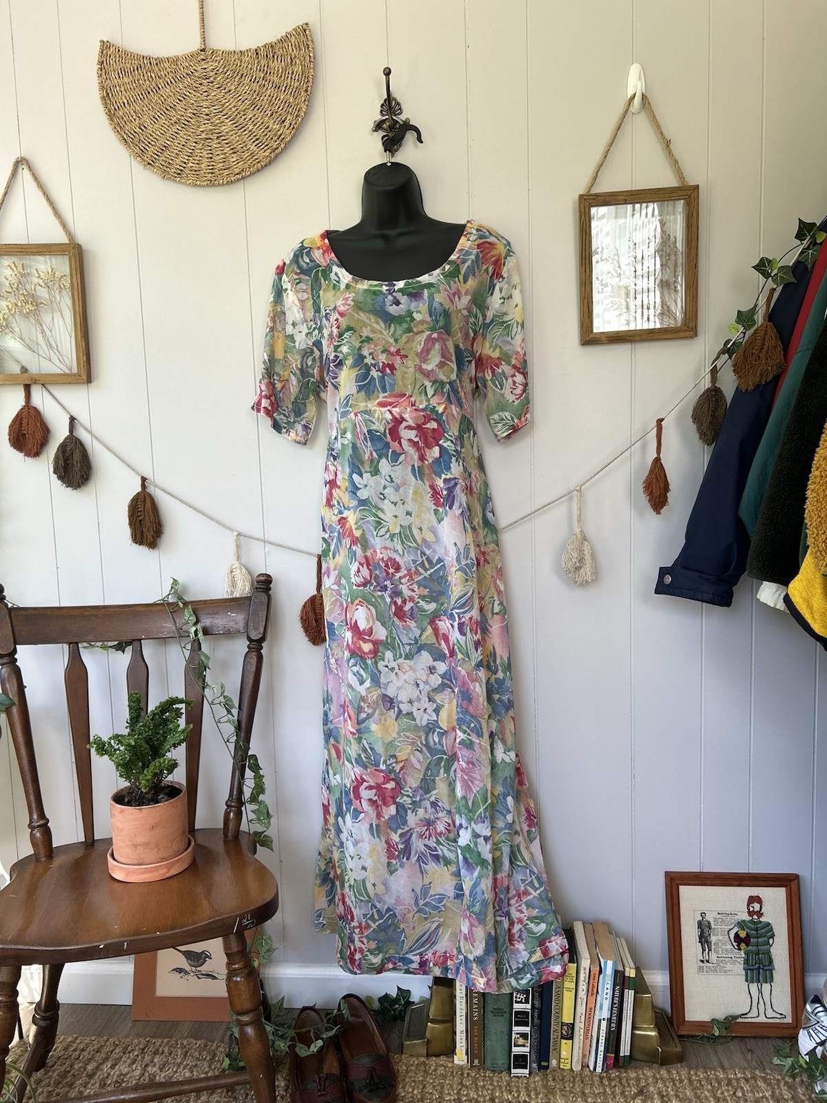 Vintage 90s Watercolor Floral Maxi Dress Sheer Chiffon Kimono Sleeve Boho M L