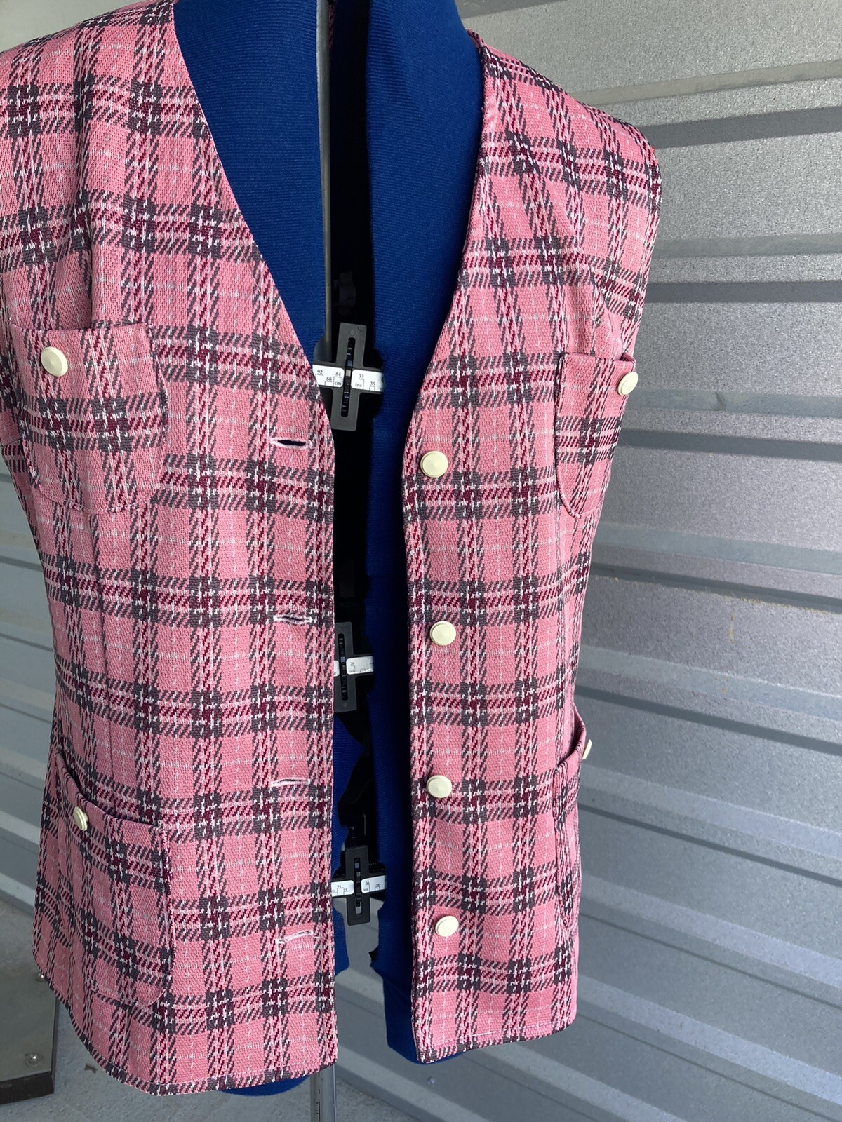 Vintage Pink Plaid Vest Button Down With Pockets 40 Inch Chest Handmade