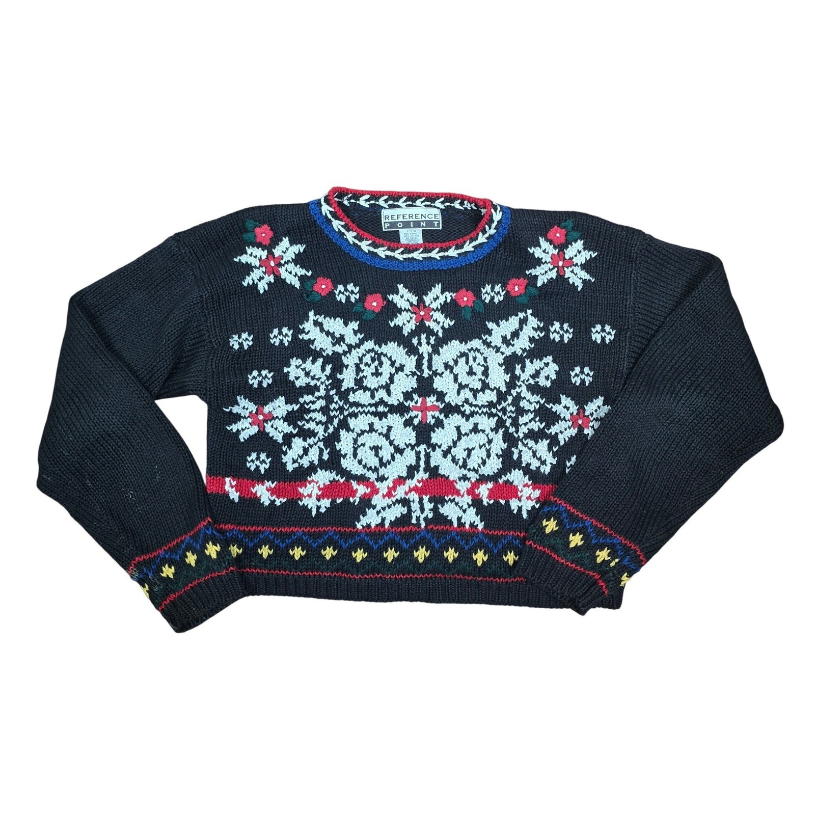 Vintage Reference Point Cropped Knit Sweater Size M Nordic Floral Black Chunky