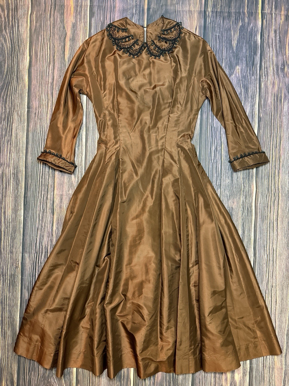 Vintage 50s Copper Victorian Goth Fit & Flare Cocktail Dress Beaded Collar SM/XS