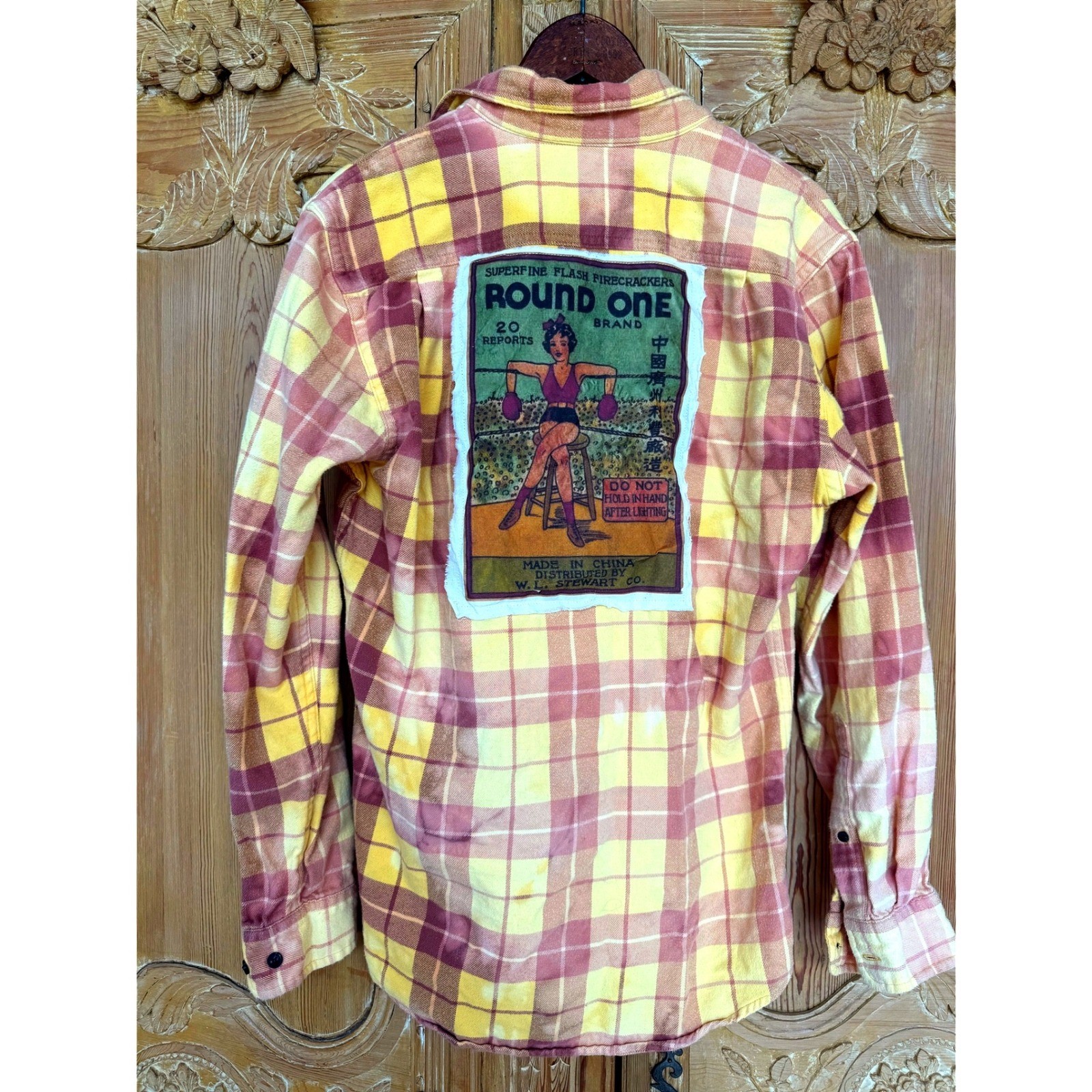 Upcycled Yellow Plaid Flannel Boxer Girl Patch Folk Art Shirt