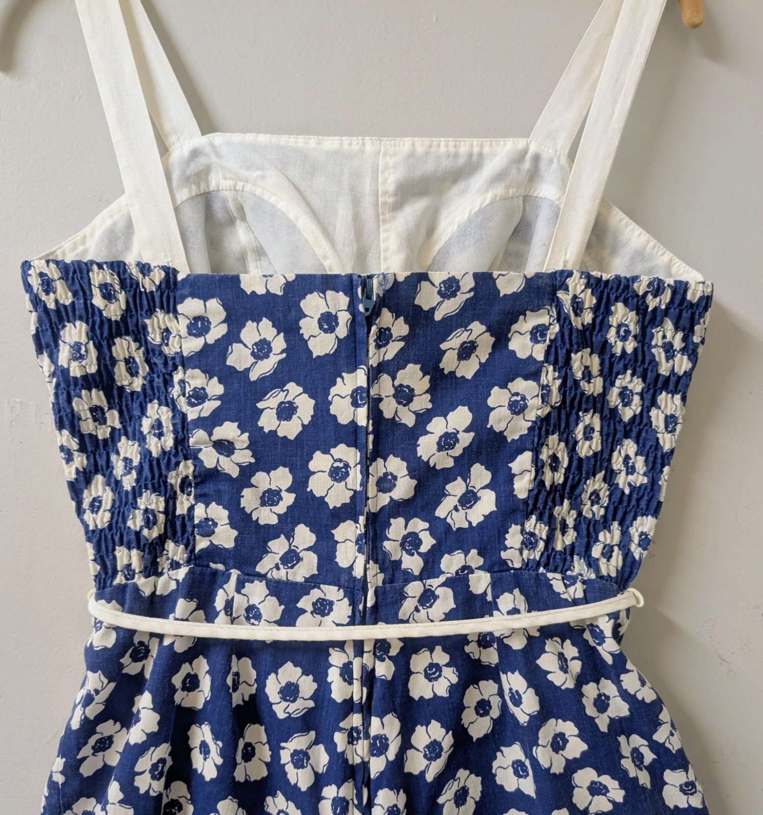 Vintage Sea Waves Floral Blue White Playsuit Romper Smocked Soft Bra S/M