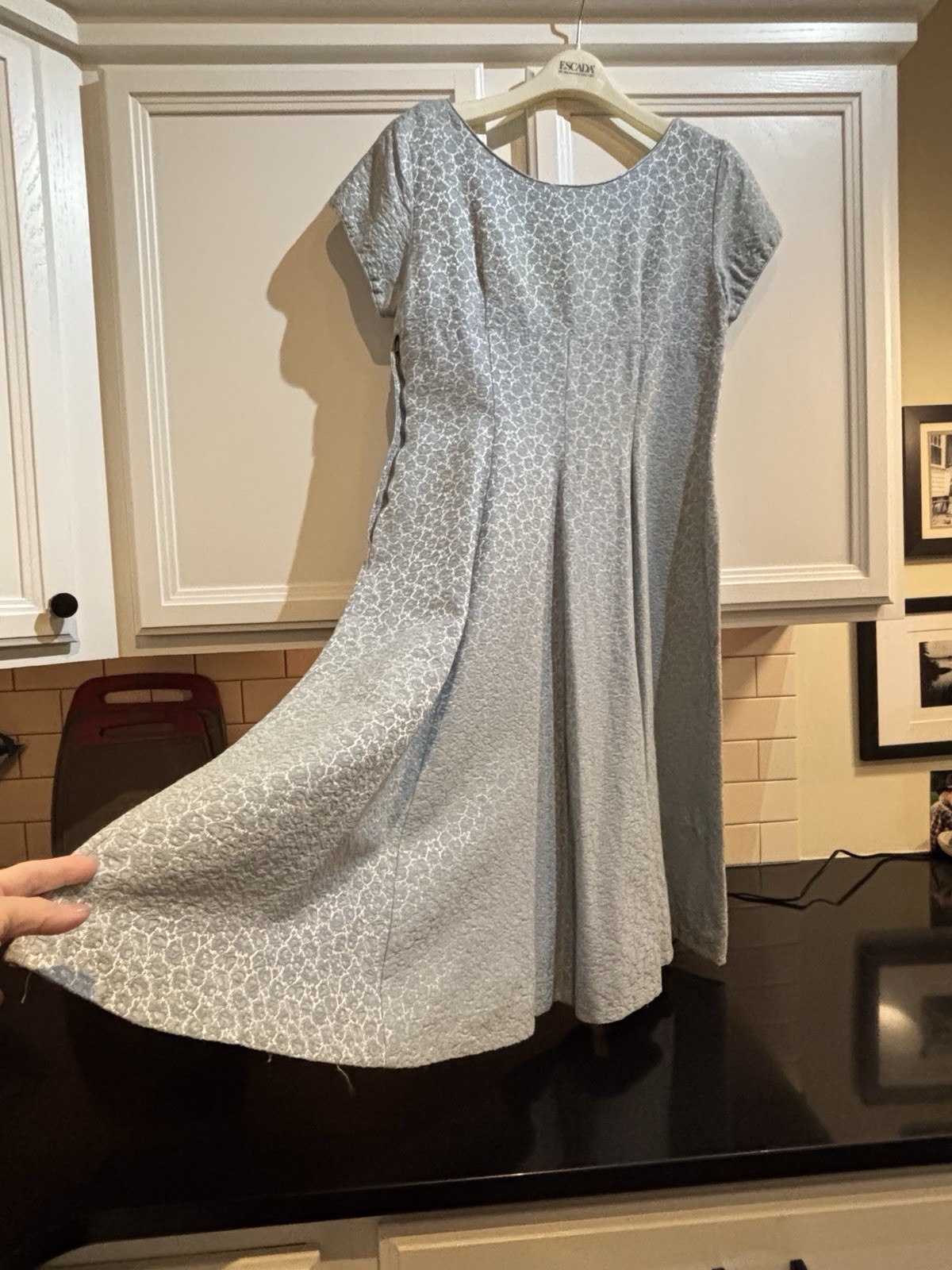 1960s Vintage Shimmering Powder Blue Floral Brocade Mid Length Dress. M/L Hand