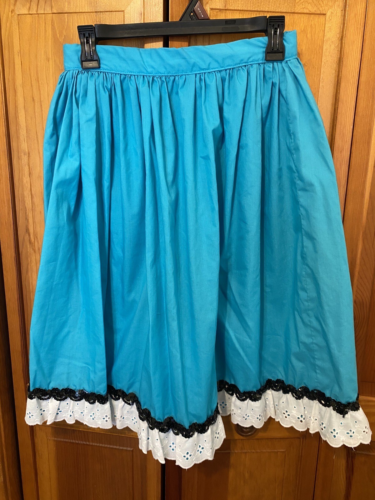 HANDMADE SQUARE DANCE SKIRT RUFFLES SEQUINS VINTAGE UNIQUE AQUA BLUE WHITE RUFFL
