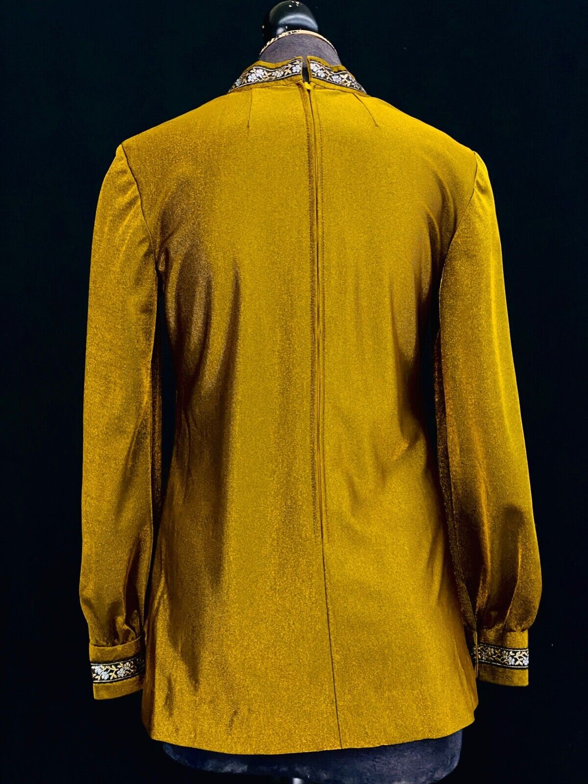 Vintage 1960s gold metallic tunic top shirt long sleeve high neck floral S M