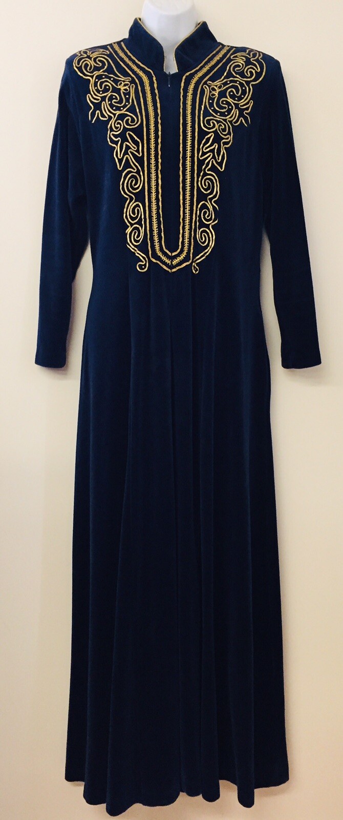 david brown California Dark Blue Velour Hostess Dress House Robe 1970s Small USA