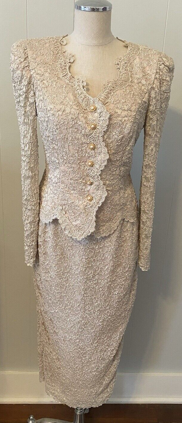 VTG Lace & Satin CACHET Mother Of The Bride Beige Dress Top & Pencil Skirt -12 P