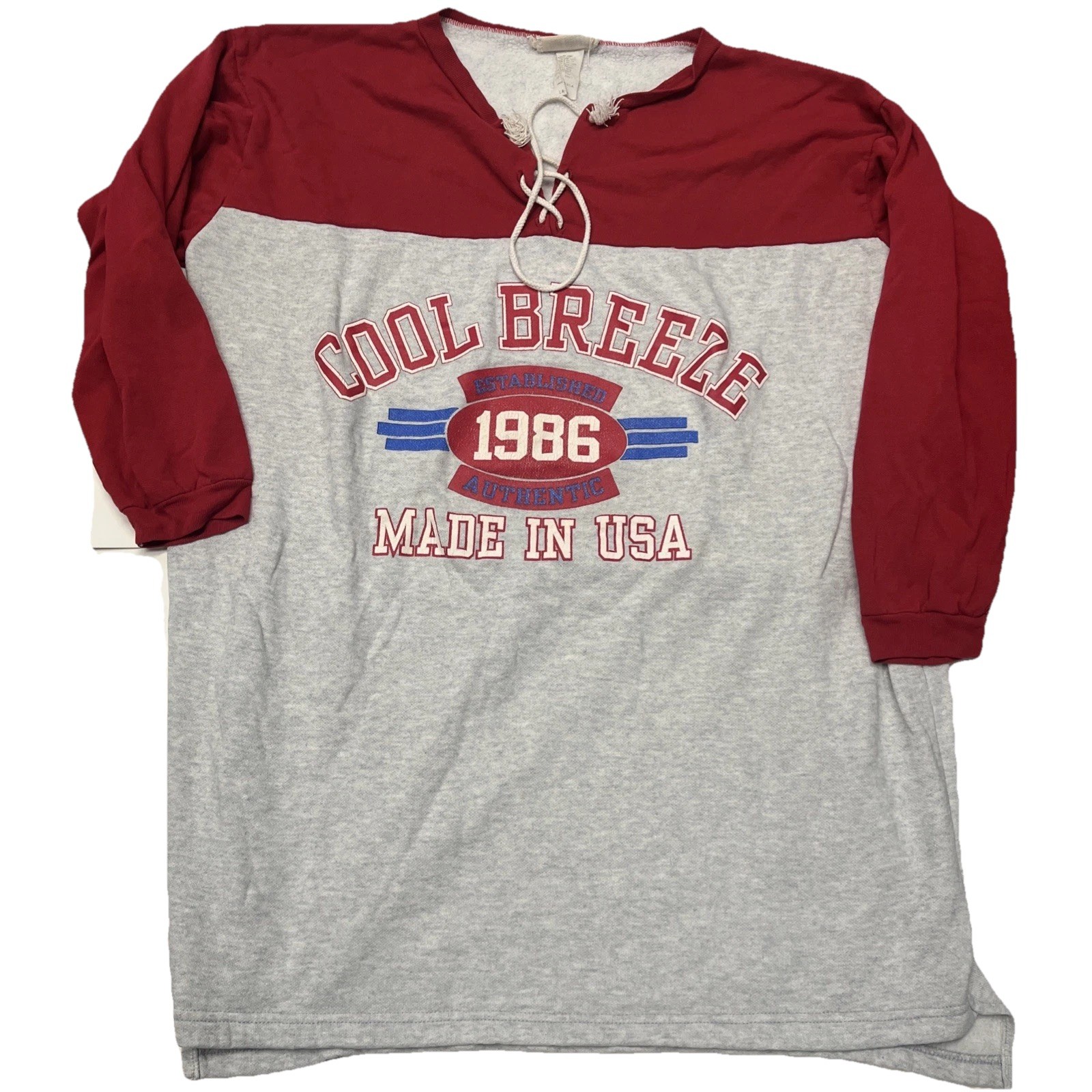 Vintage Cool Breeze USA Large Red And Gray Lace Tie Long Sleeve Acrylic Pullover