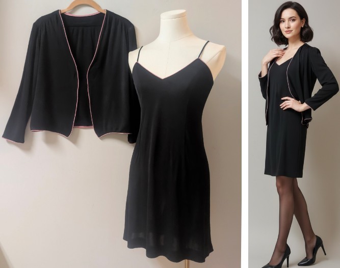 Vintage 70&rsquo;s Black Mini Dress Pink Trim & Open Top Jacket XS/S 2 Piece