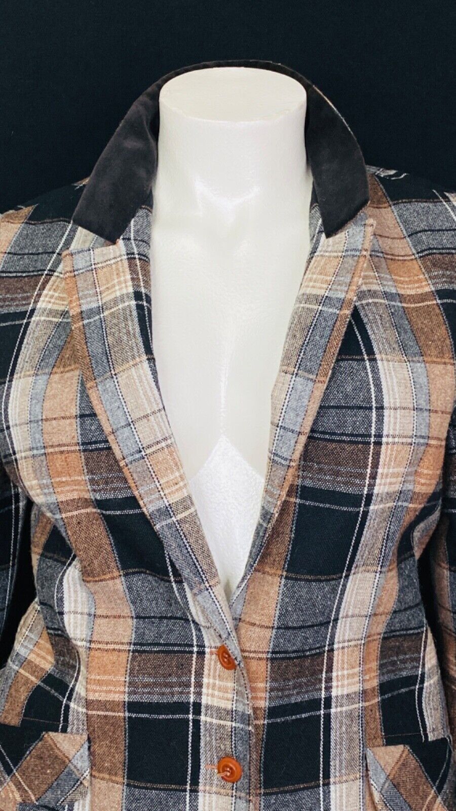 Vintage brown black wool plaid suit jacket blazer skirt set outfit XL plus size