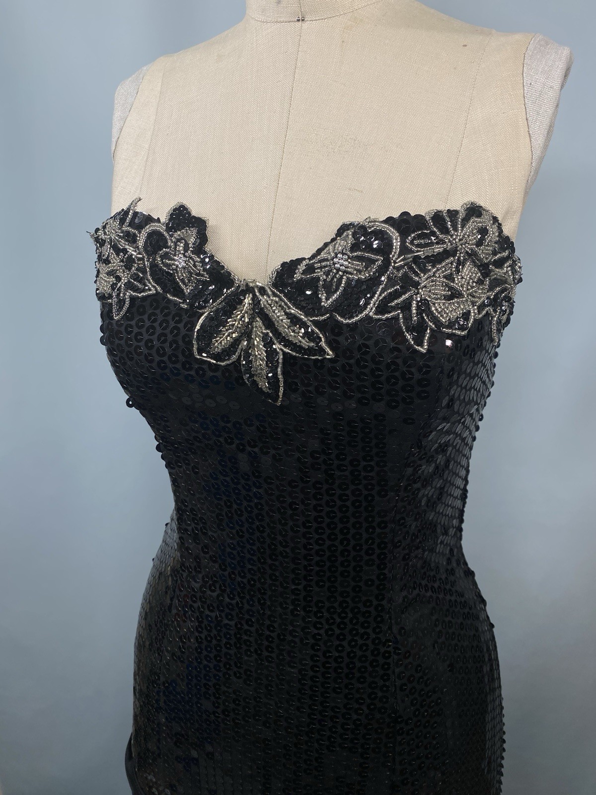 Vintage Dress SIZE EXTRA SMALL black sequin beaded NADINE sheath mermaid 80s 90s