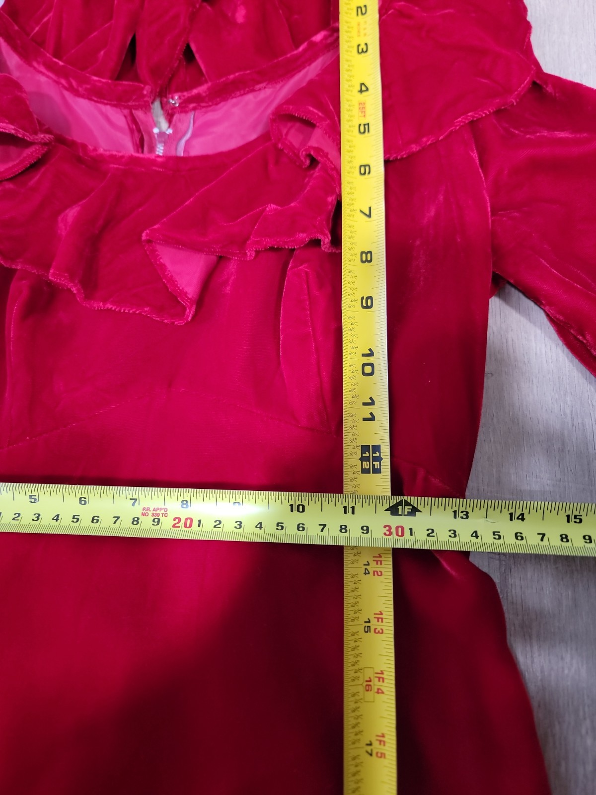 Vintage 60s Red Velvet Maxi Dress Empire Waist Ruffle Holiday Formal Gown S/
